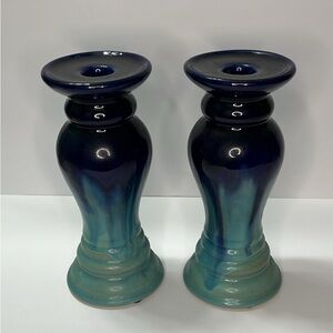 Pair of Blue-Green Ceramic Taper Candle Holders